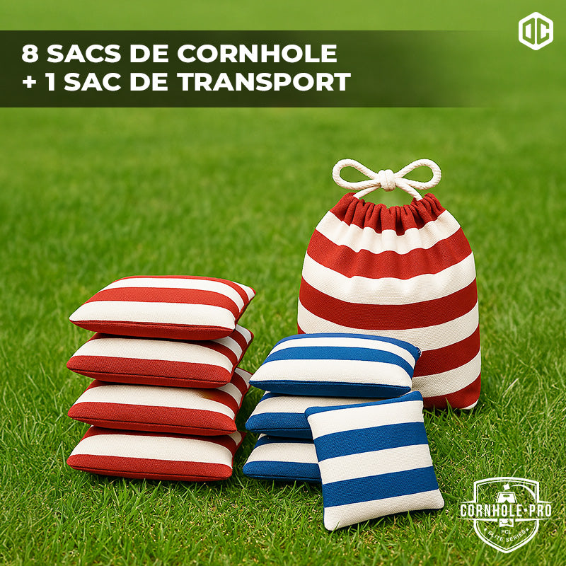 8 sacs de Cornhole – Rouges & Bleus rayés