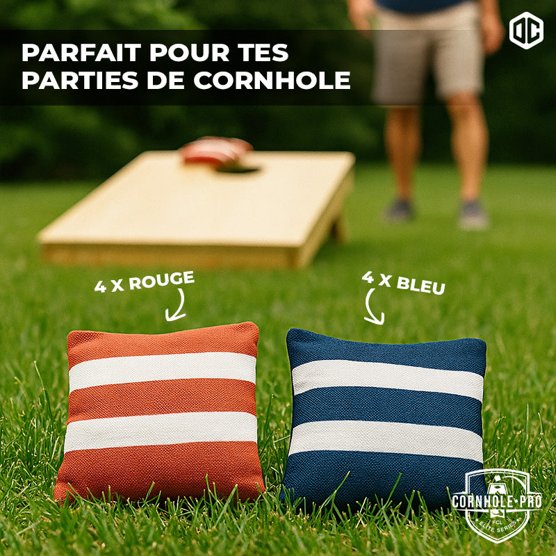 8 sacs de Cornhole – Rouges & Bleus rayés