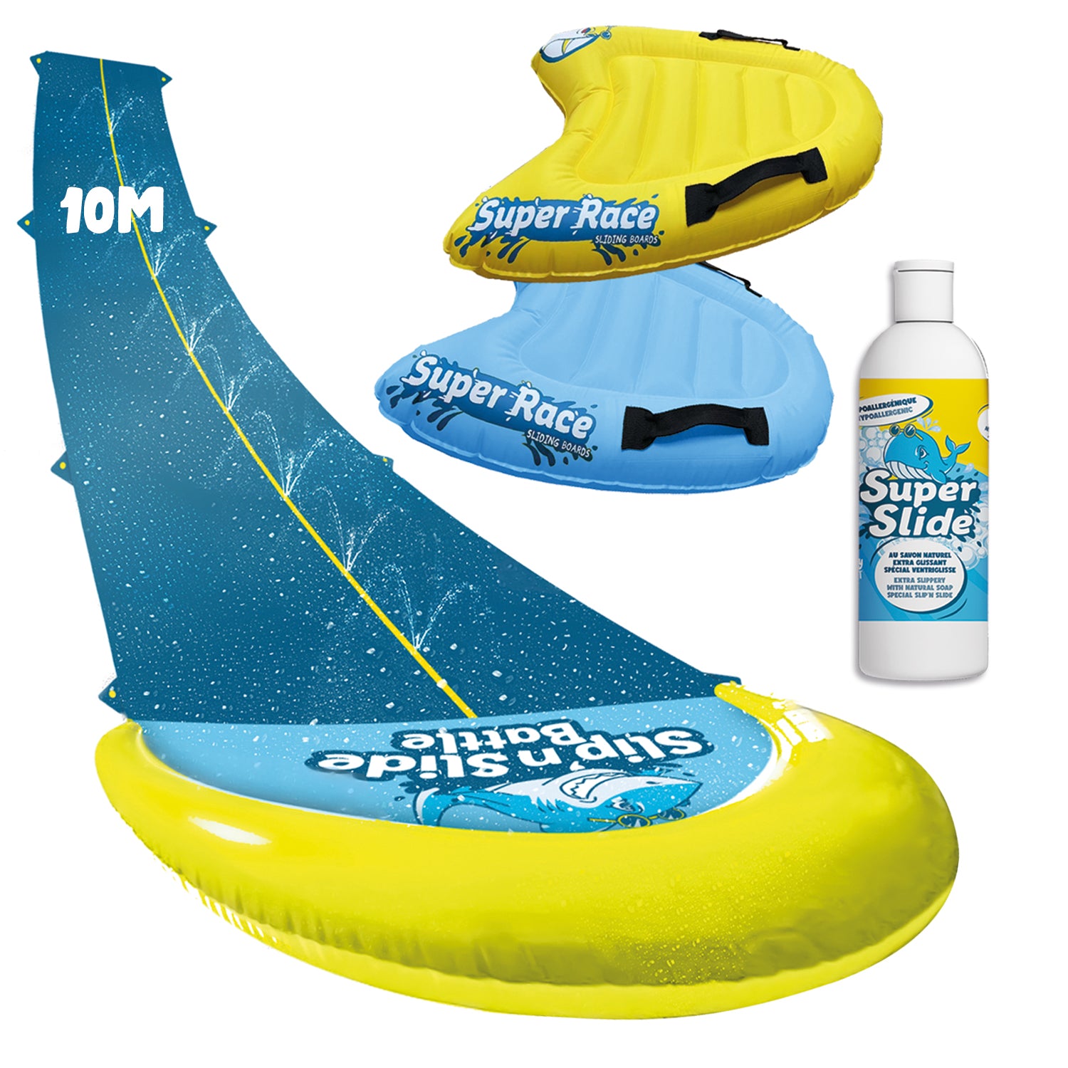 Pack Ventriglisse - 1 Tapis de Glisse Double Piste 10 Mètres + 2 Bodyboards + 1 Litre Savon Naturel