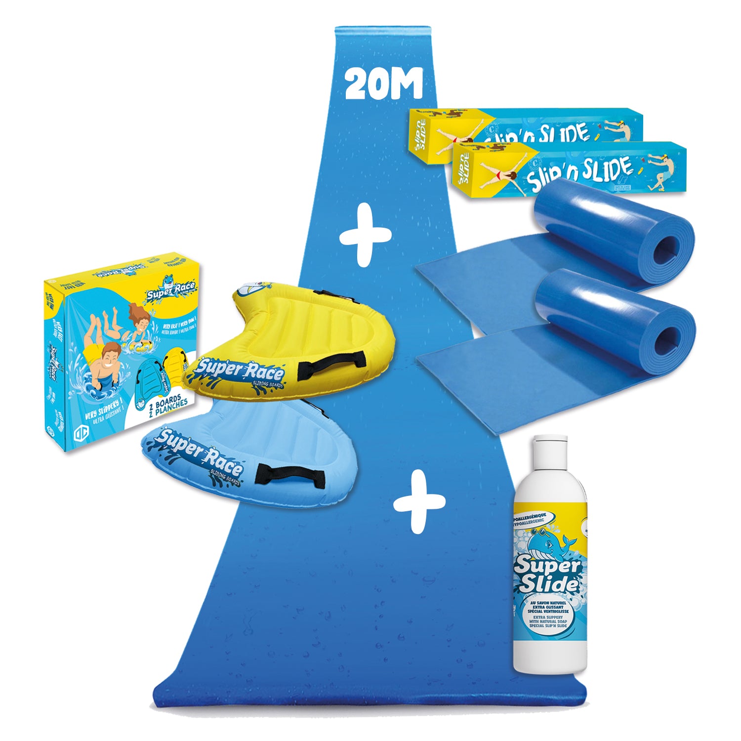 Pack Ventriglisse - 2 Tapis de Glisse 10 Mètres + 2 Planches Bodyboard + 1 Litre Savon Naturel