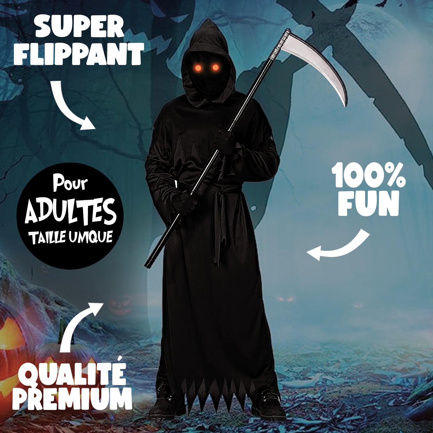 Déguisement Faucheuse pour Adulte : Costume, Faux, Gants et Lunettes