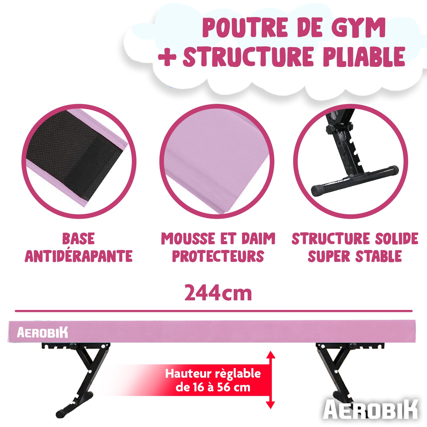 Poutre de Gymnastique Haute pour Enfant Aerobik® – Rose