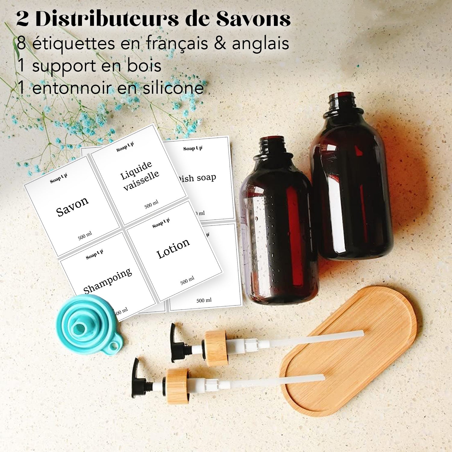 2 Distributeurs 50 cl pour Savon, Shampoing, Liquide Vaisselle