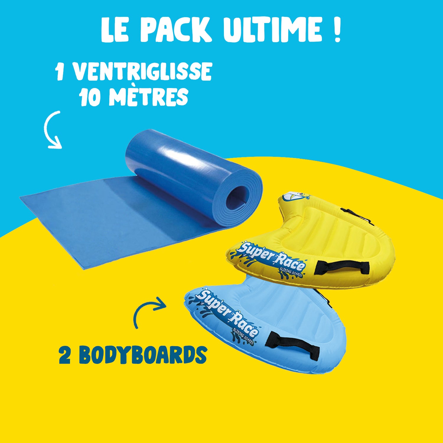 Pack Ventriglisse - 1 Tapis de Glisse 10 Mètres + 2 Bodyboards pour mieux Glisser