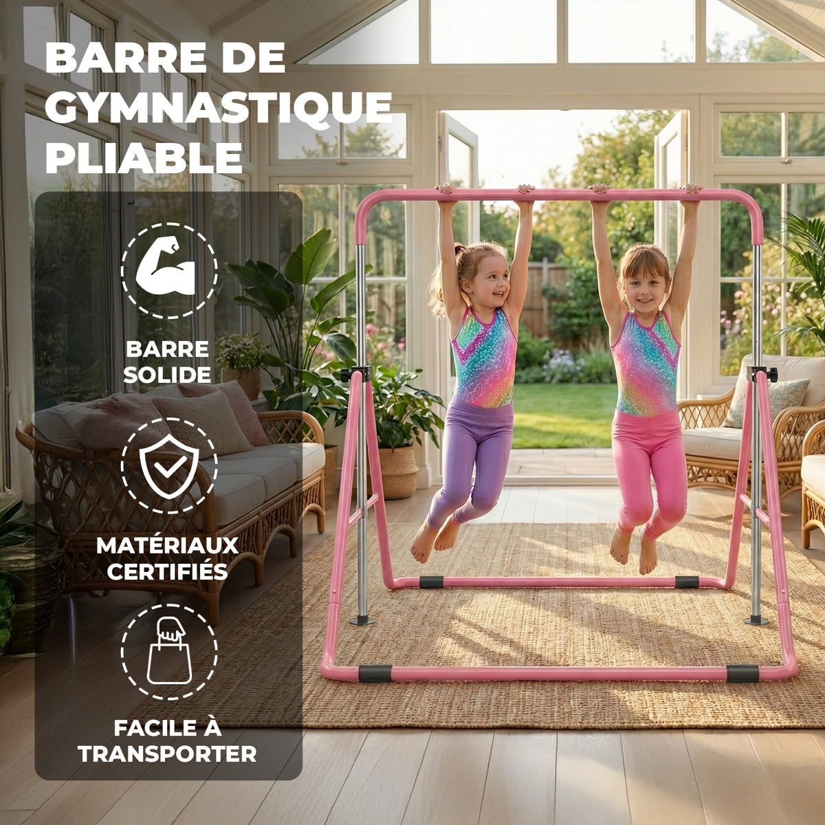 5 Hauteurs 88.9 à 129.5cm Barre De Gymnastique Réglable Pour Enfants Avec Anneaux – Pliable, 5 Hauteurs Barre Gymnastique Enfants