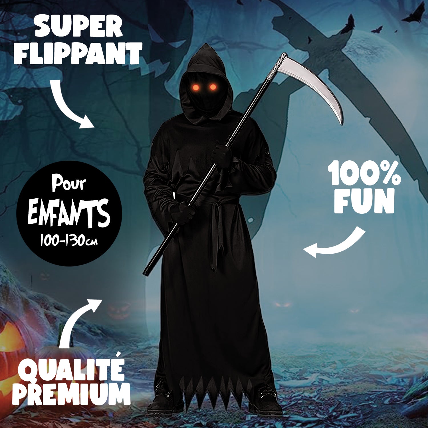 Déguisement Faucheuse pour Enfant : Costume, Faux, Gants et Lunettes