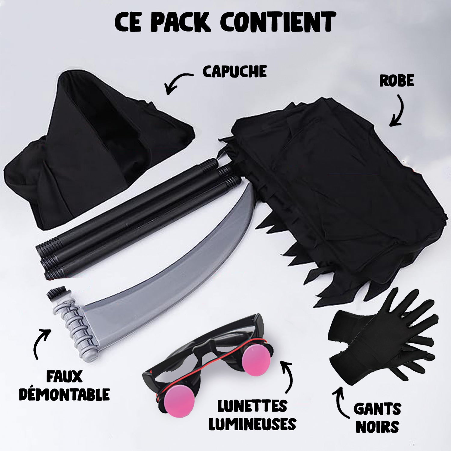 Déguisement Faucheuse pour Enfant : Costume, Faux, Gants et Lunettes