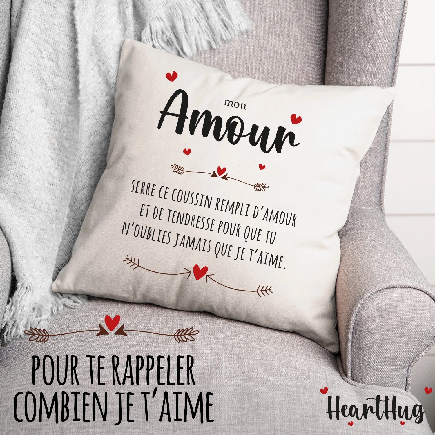 Housse de Coussin en Lin 45x45cm – Mon Amour