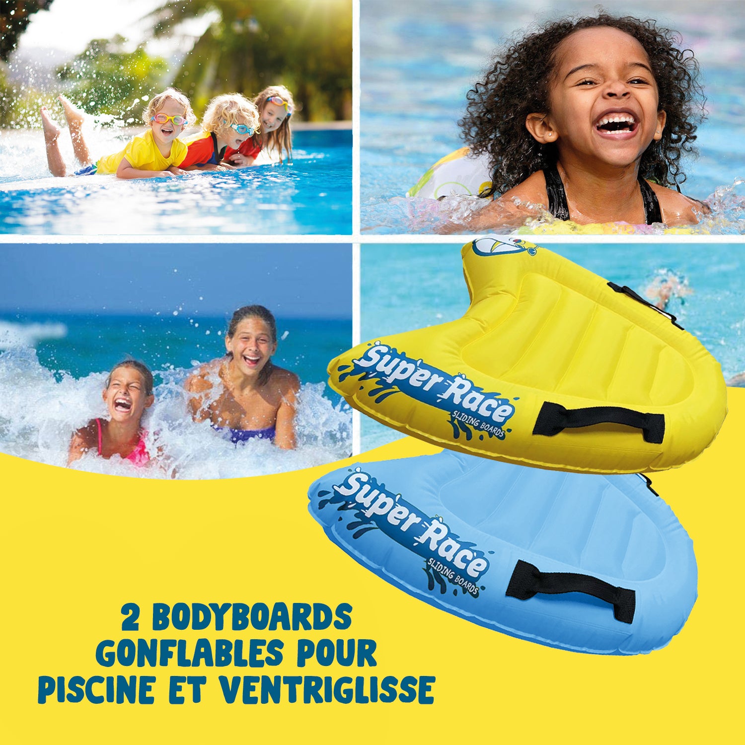 Pack Ventriglisse - 1 Tapis de Glisse Double Piste 10 Mètres + 2 Bodyboards + 1 Litre Savon Naturel