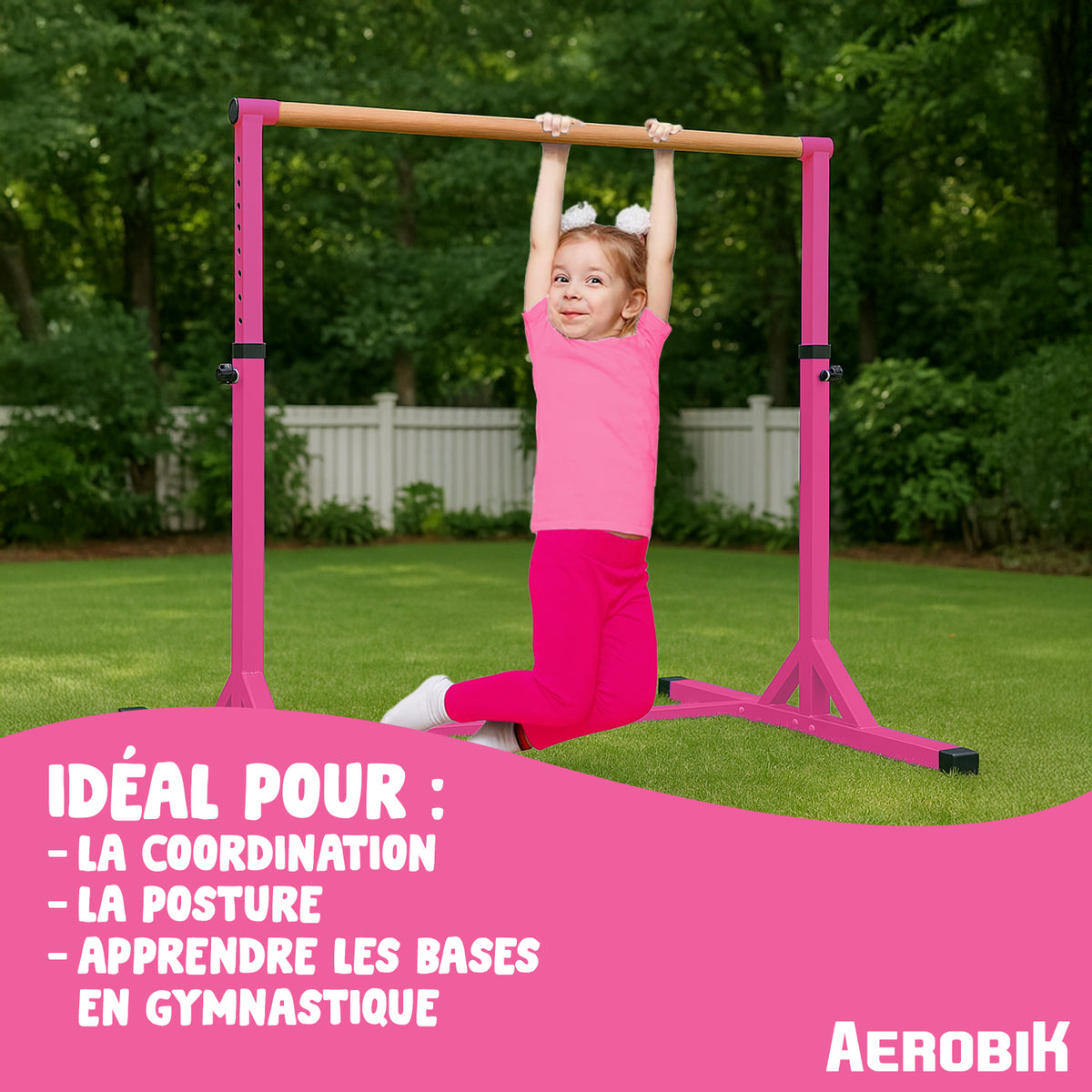 Barre fixe de gymnastique enfant - barre de gymnastique hauteur réglable 13 niveaux 92 à 150 cm - acier rose bois massif hêtre Barre fixe de gymnastique enfant - barre de gymnastique hauteur réglable 13 niveaux 92 à 150 cm - acier rose bois massif hêtre