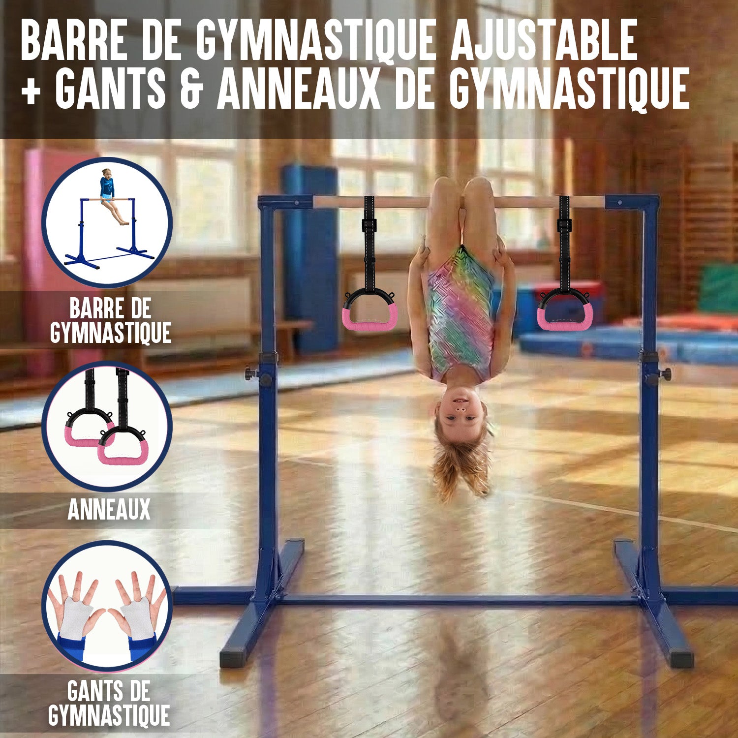 Barre Fixe de Gymnastique pour Enfant avec Anneaux – Bleu