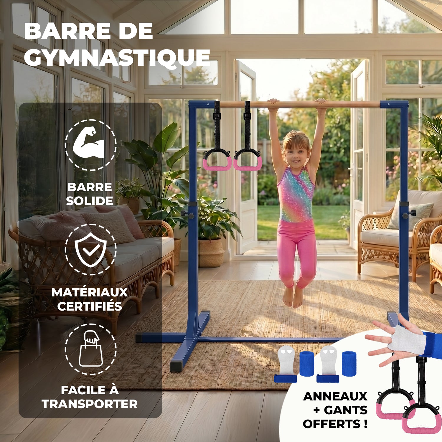 Barre Fixe de Gymnastique pour Enfant avec Anneaux – Bleu