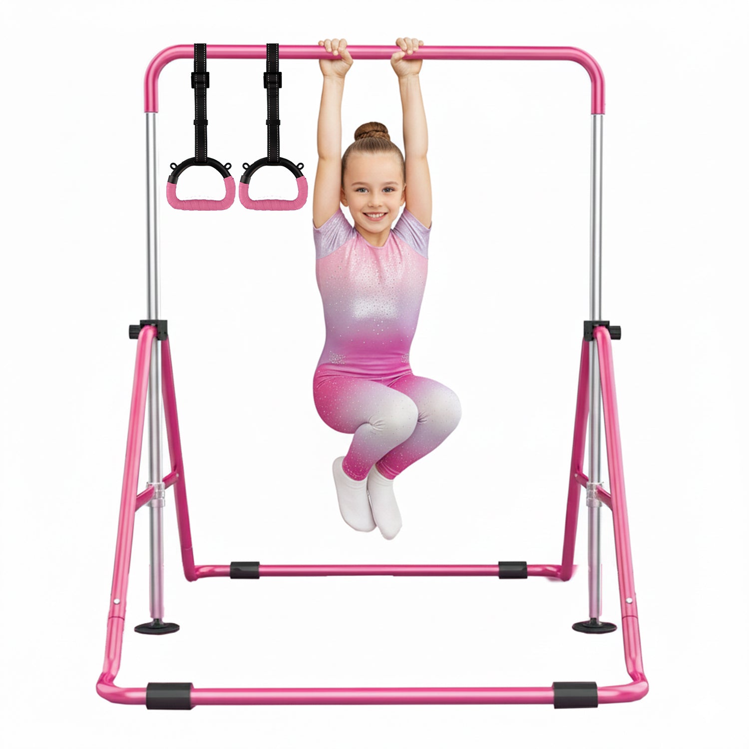 Barre Fixe de Gymnastique Pliable pour Enfant avec Anneaux – Rose