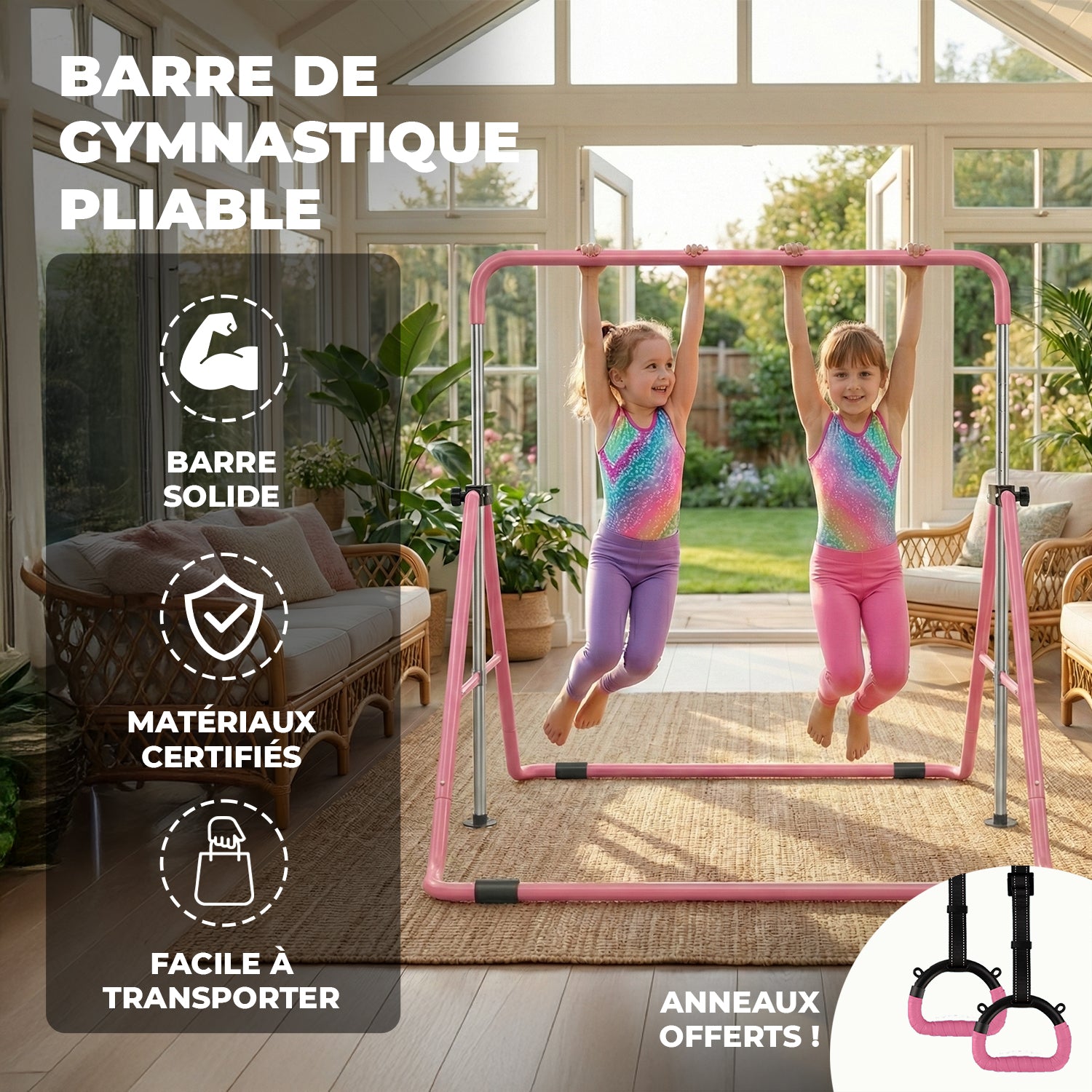 Barre Fixe de Gymnastique Pliable pour Enfant avec Anneaux – Rose