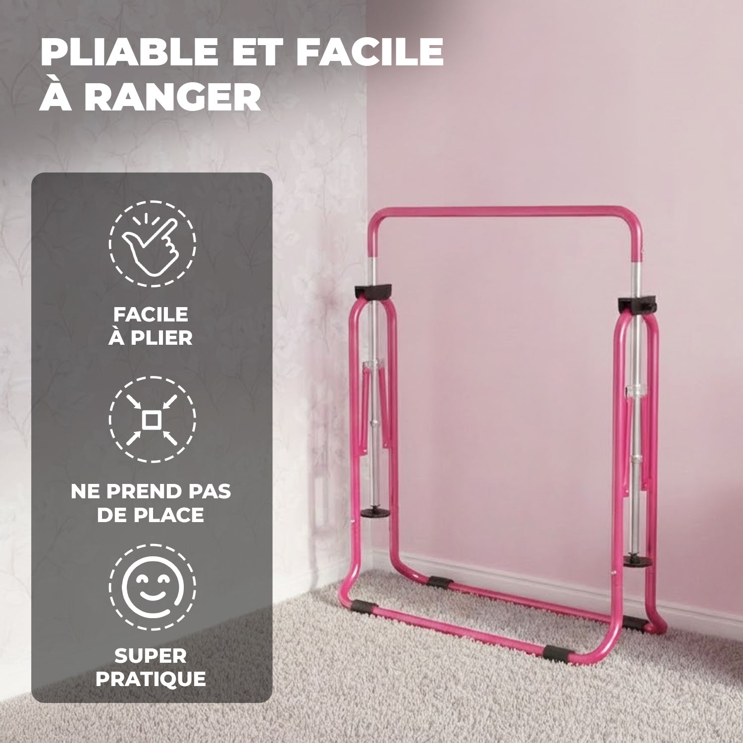 Barre Fixe de Gymnastique Pliable pour Enfant avec Anneaux – Rose