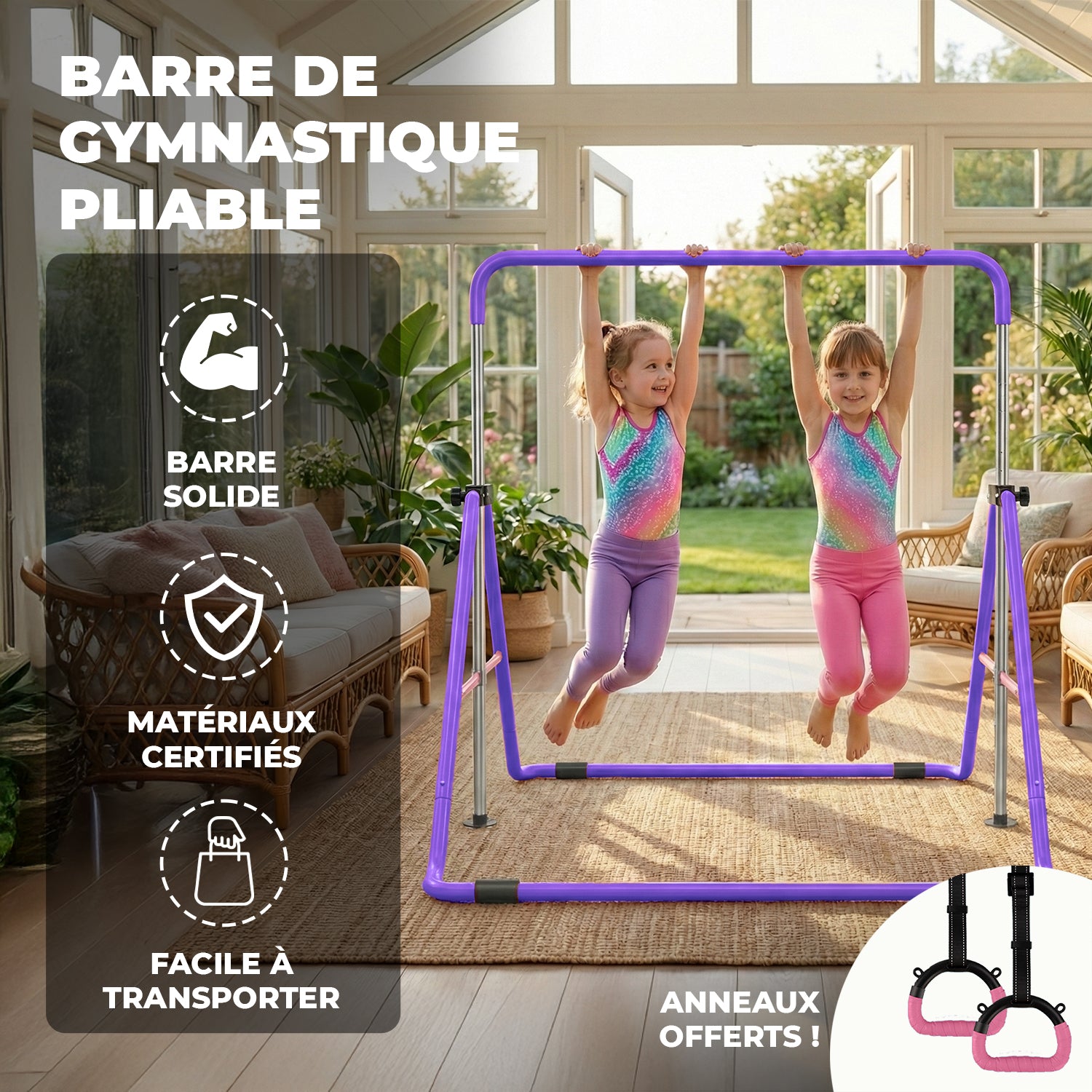 Barre Fixe de Gymnastique Pliable pour Enfant avec Anneaux – Violet