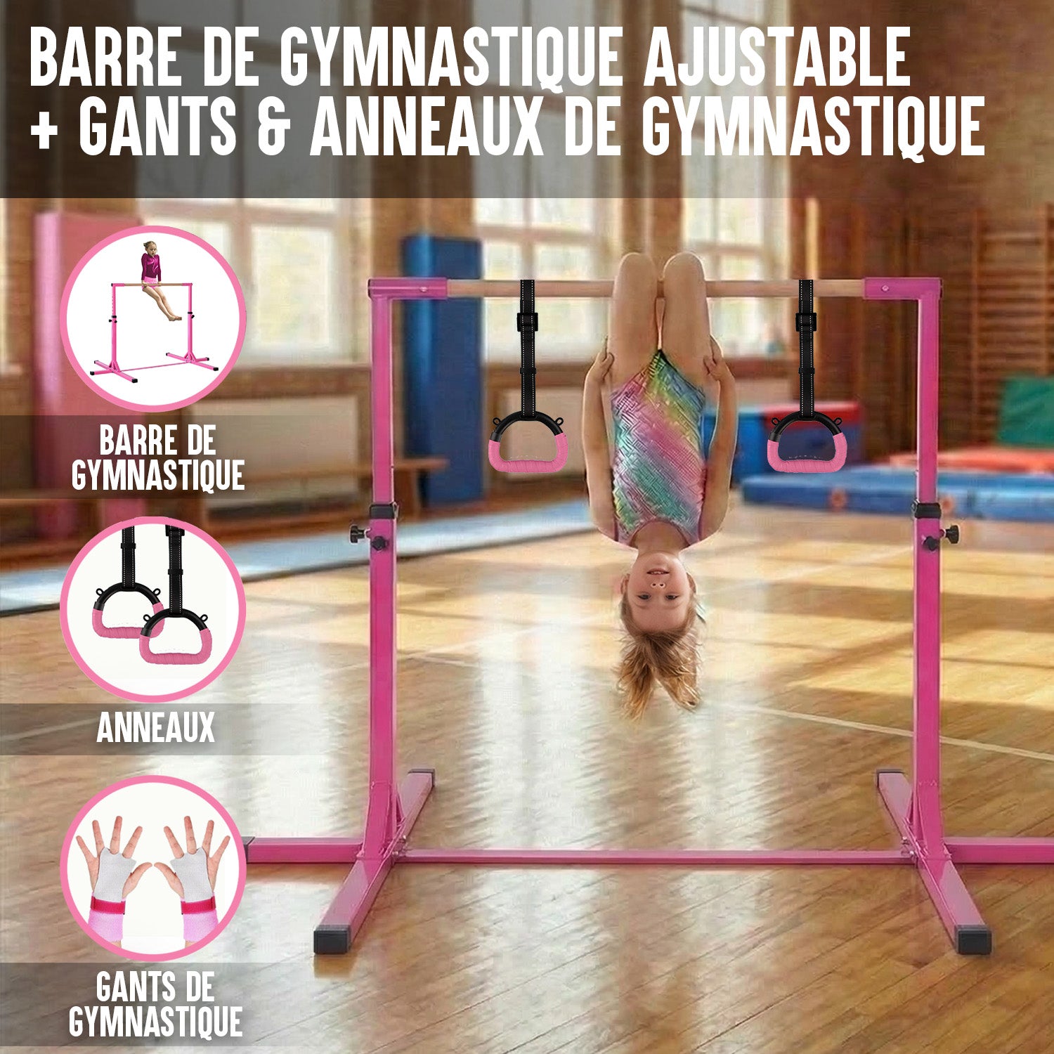 Barre Fixe de Gymnastique pour Enfant avec Anneaux – Rose