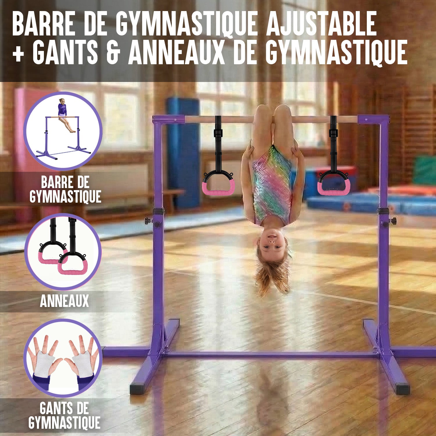 Barre Fixe de Gymnastique pour Enfant avec Anneaux – Violet