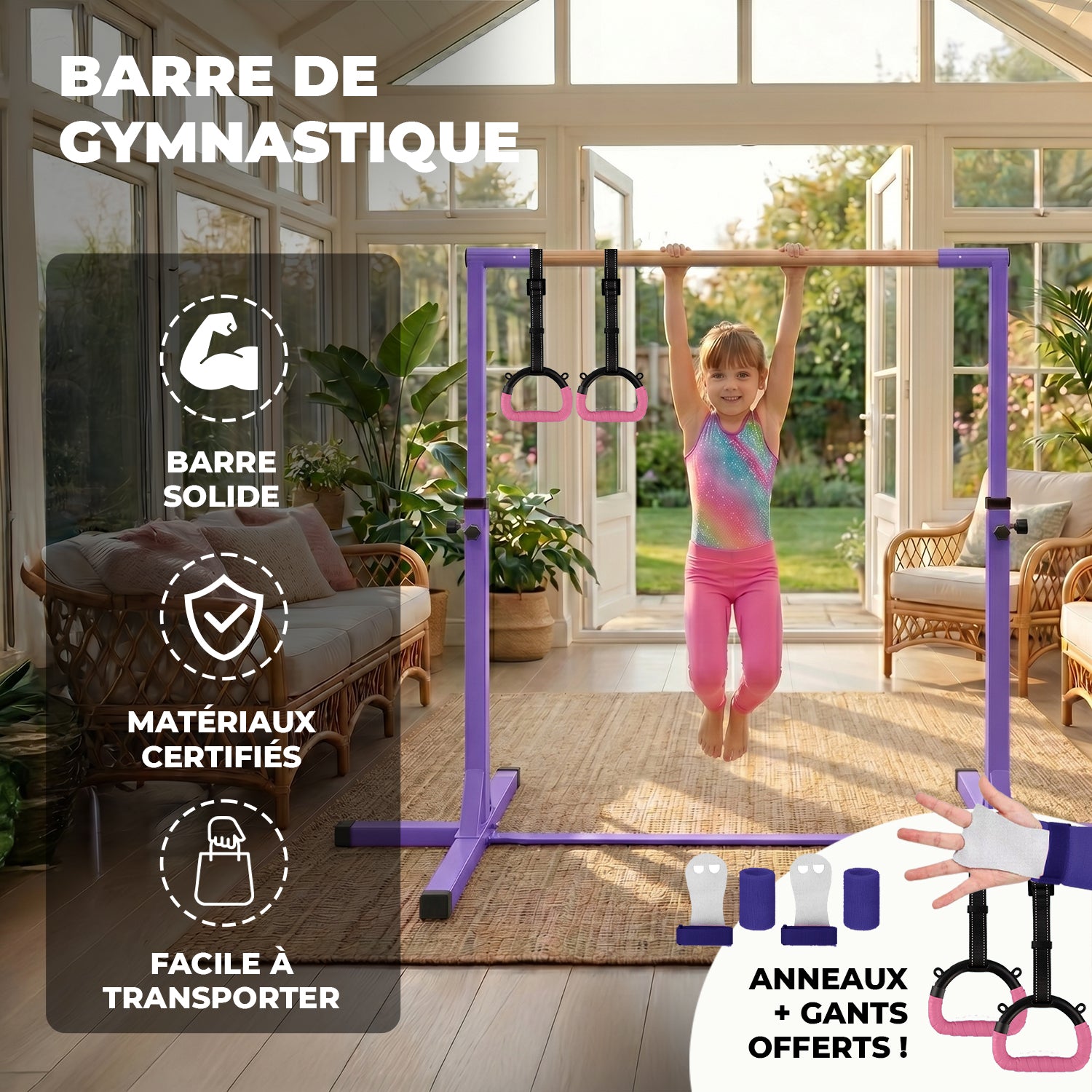 Barre Fixe de Gymnastique pour Enfant avec Anneaux – Violet