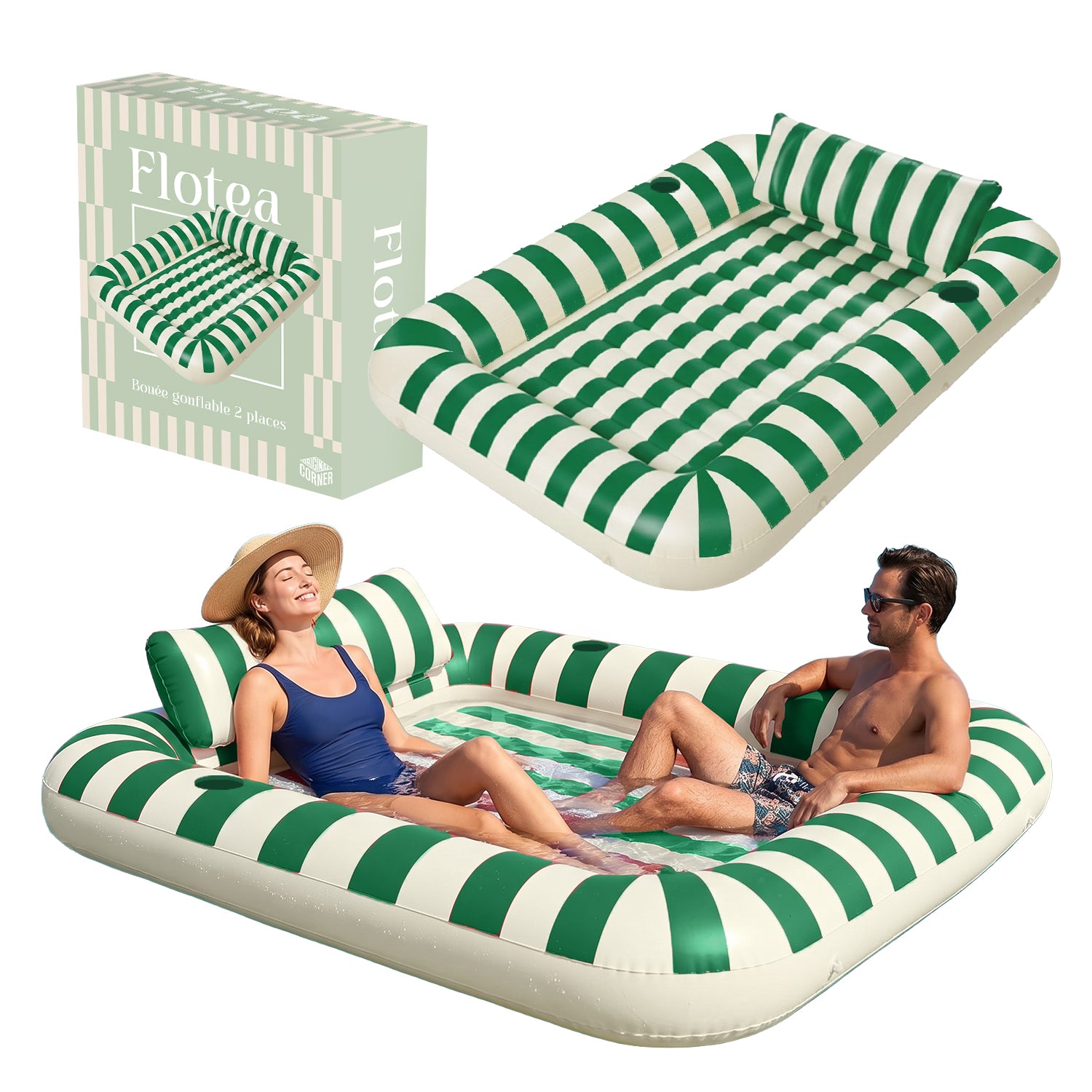 Bouée Piscine XXL 2 Places Flotea® – Beige & Vert