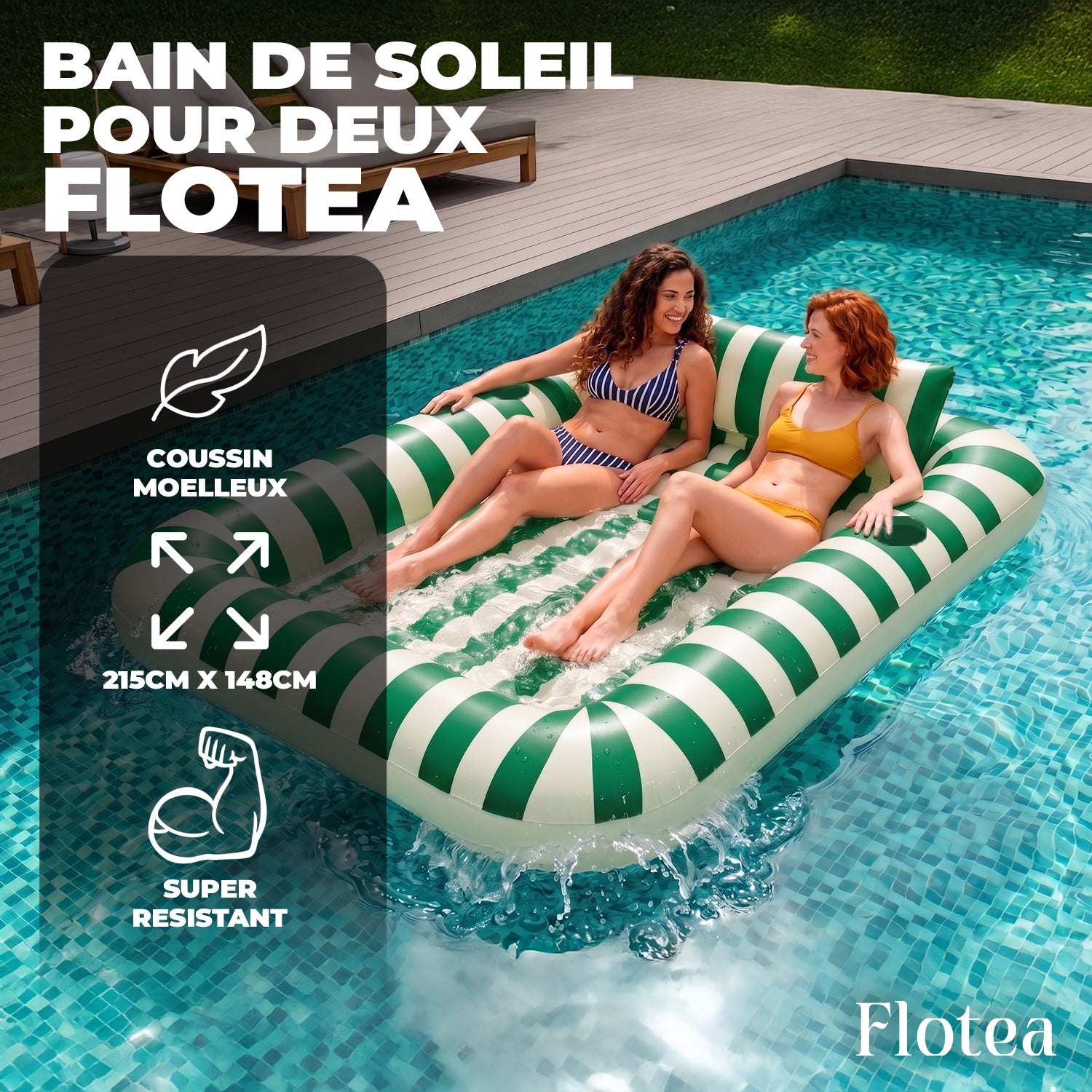 Bouée Piscine XXL 2 Places Flotea® – Beige & Vert