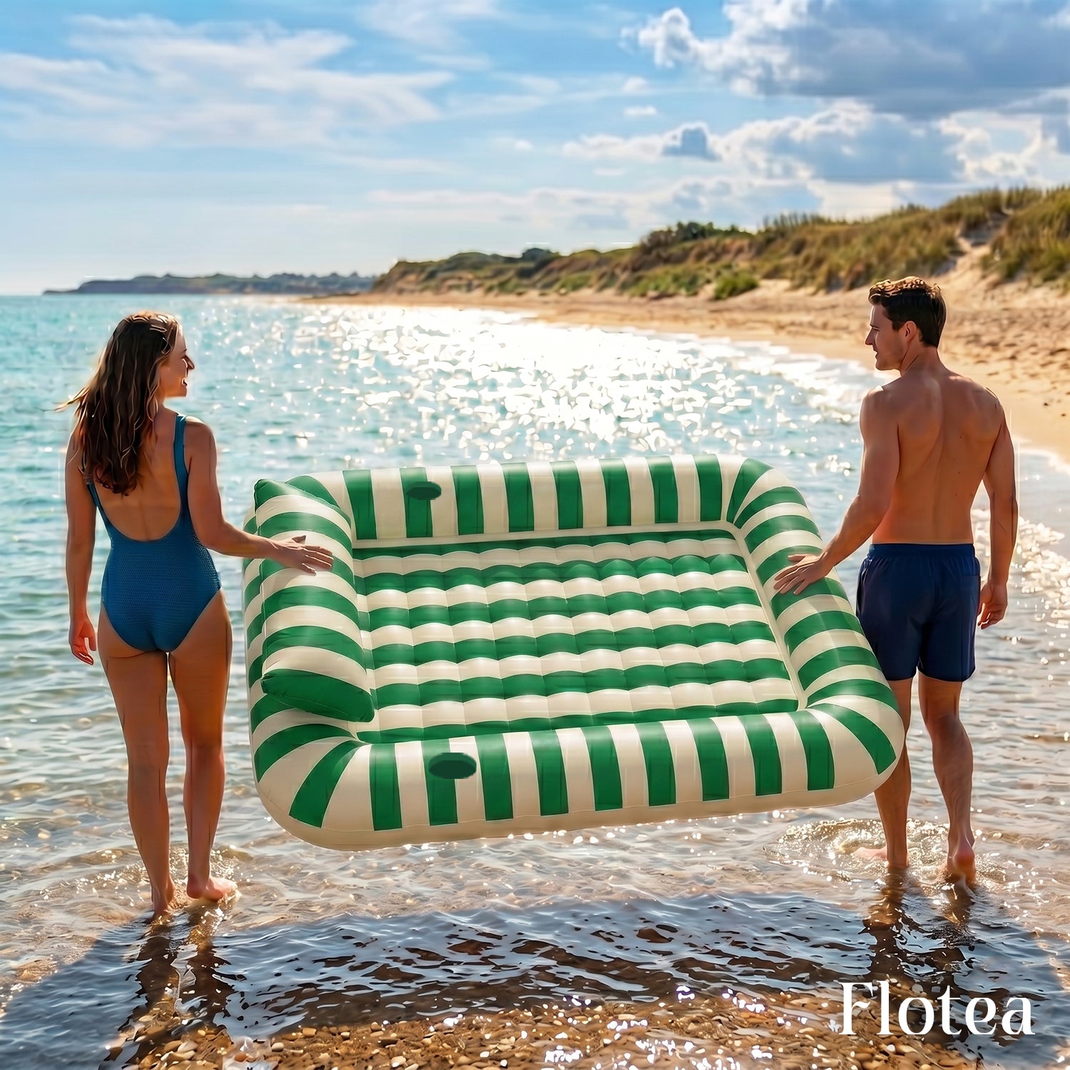 Bouée Piscine XXL 2 Places Flotea® – Beige & Vert