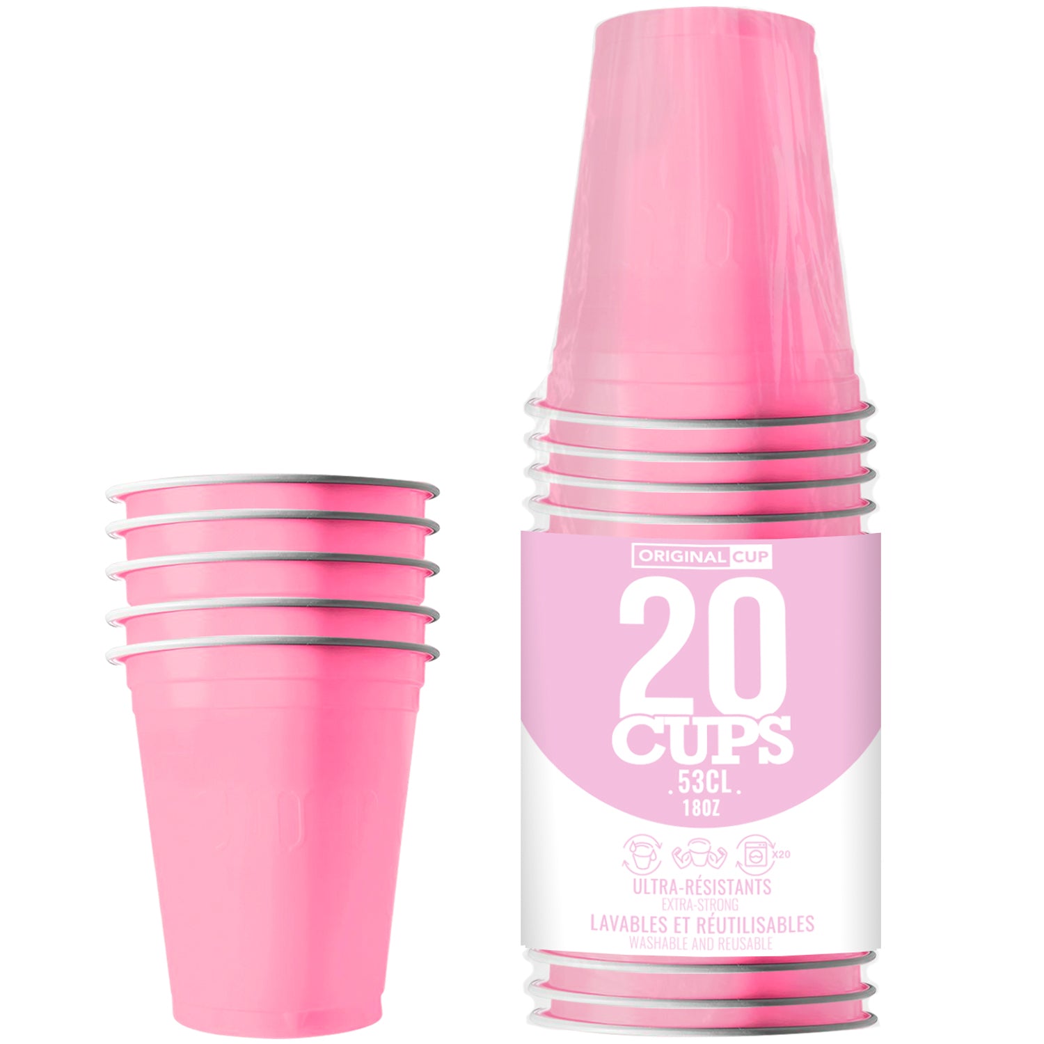 20 Gobelets en Plastique Roses Pastel Réutilisables 53 cl