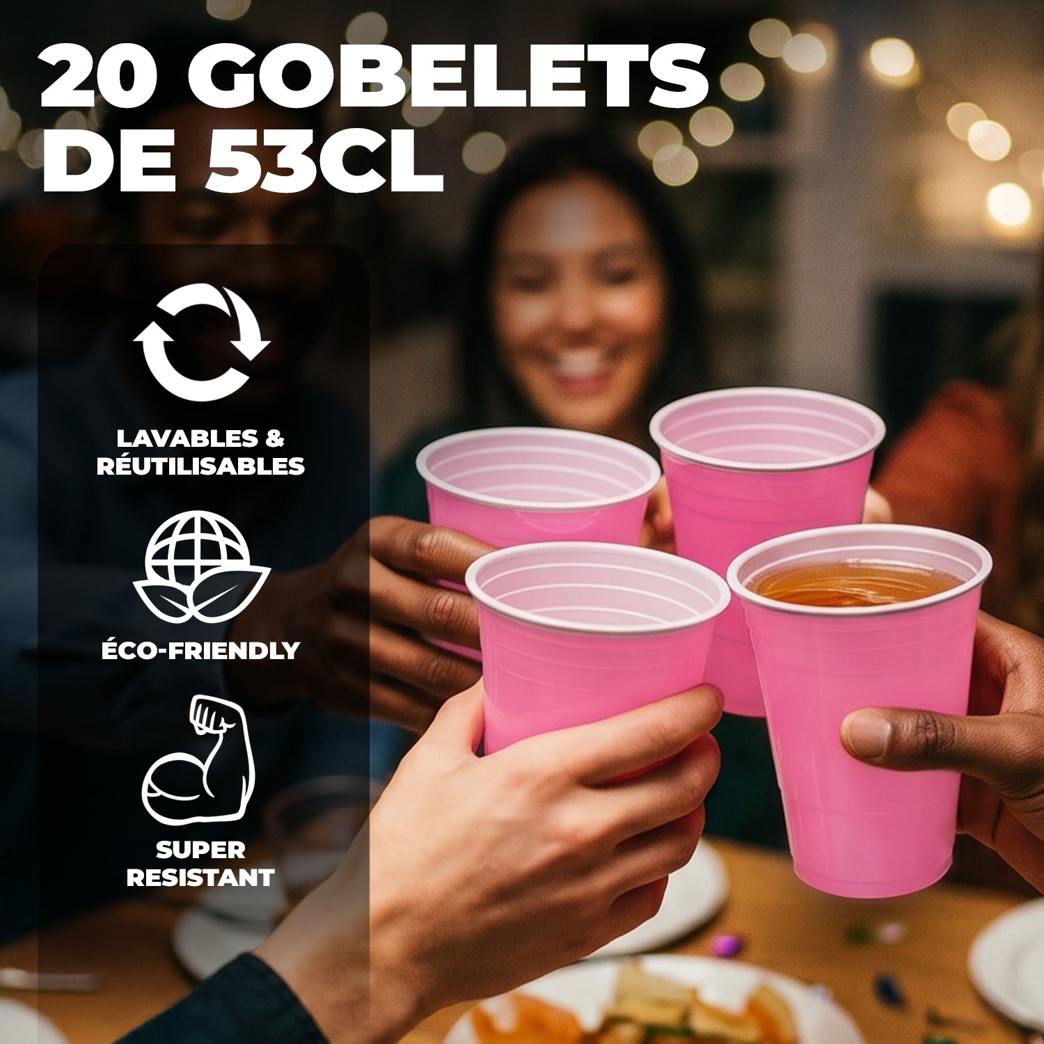 20 Gobelets en Plastique Roses Pastel Réutilisables 53 cl