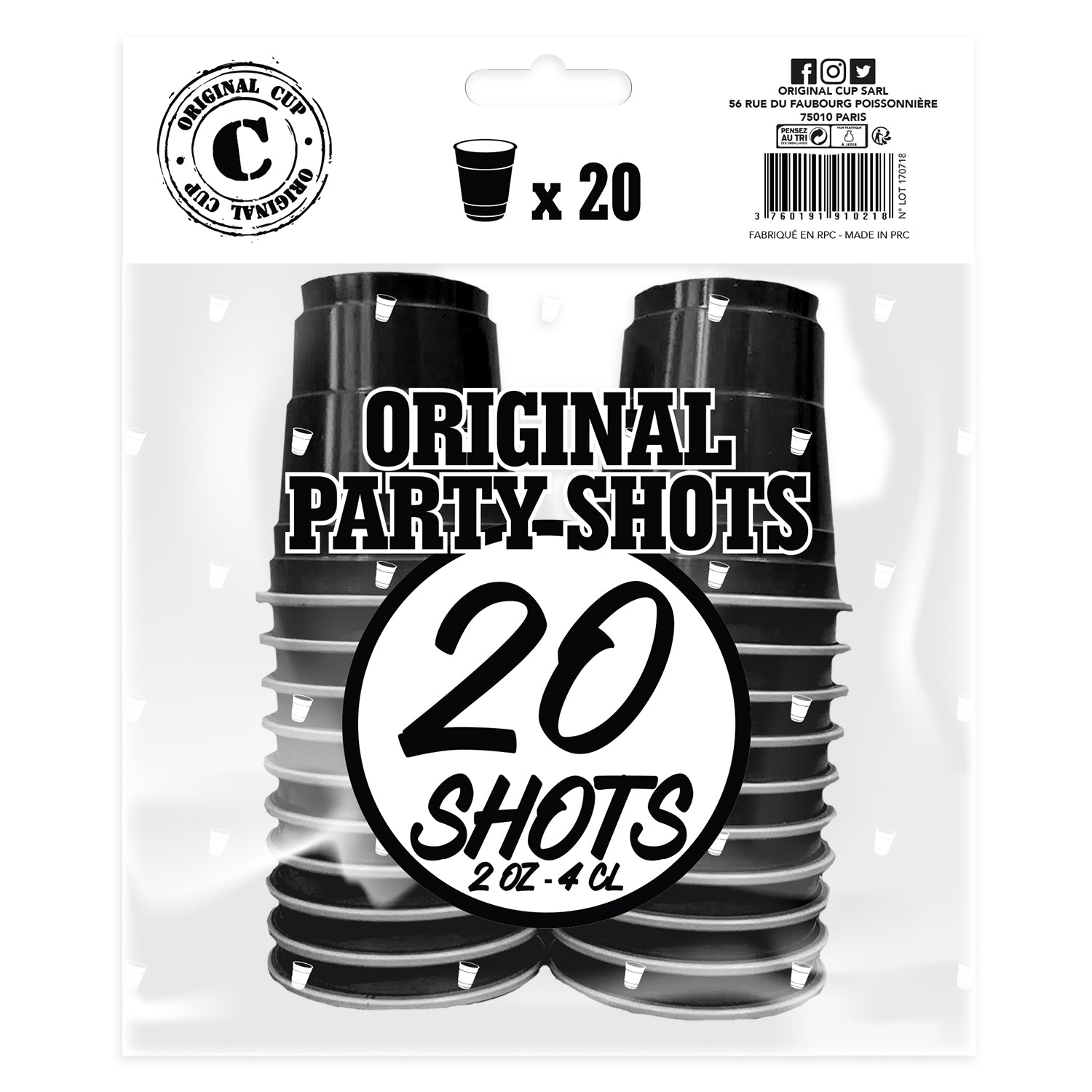 20 Shooters en Plastique Noirs Réutilisables 4cl