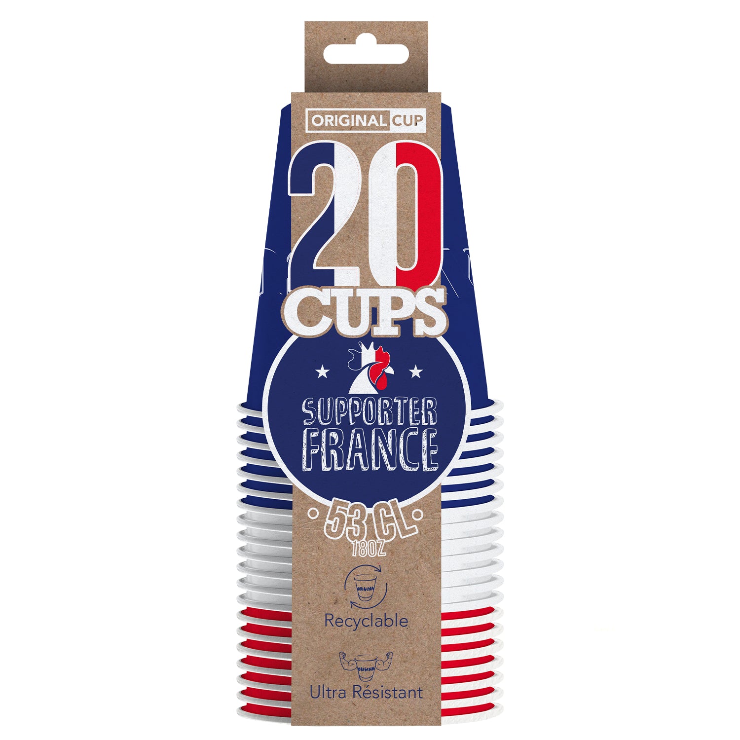 20 Gobelets en Carton France Bleu Blanc Rouge 53 cl