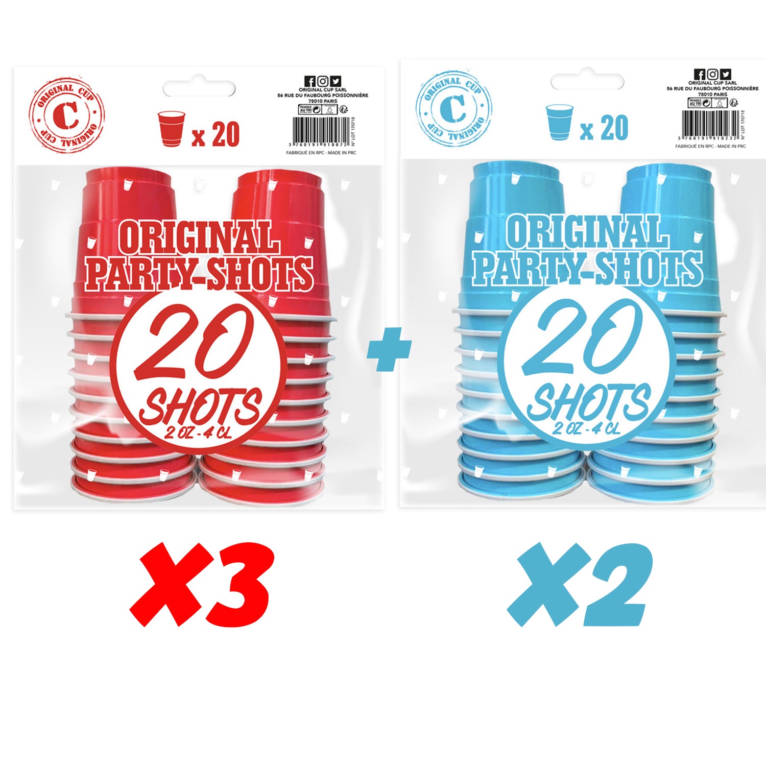 100 Shooters en Plastique Rouges & Bleus Réutilisables 4cl