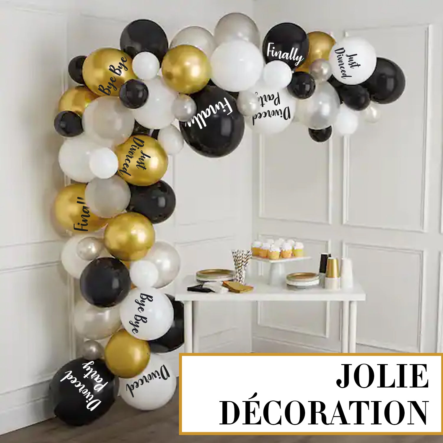 8 Ballons imprimés spécial Divorce - Ballons dorés, noirs, blancs Divorced Party