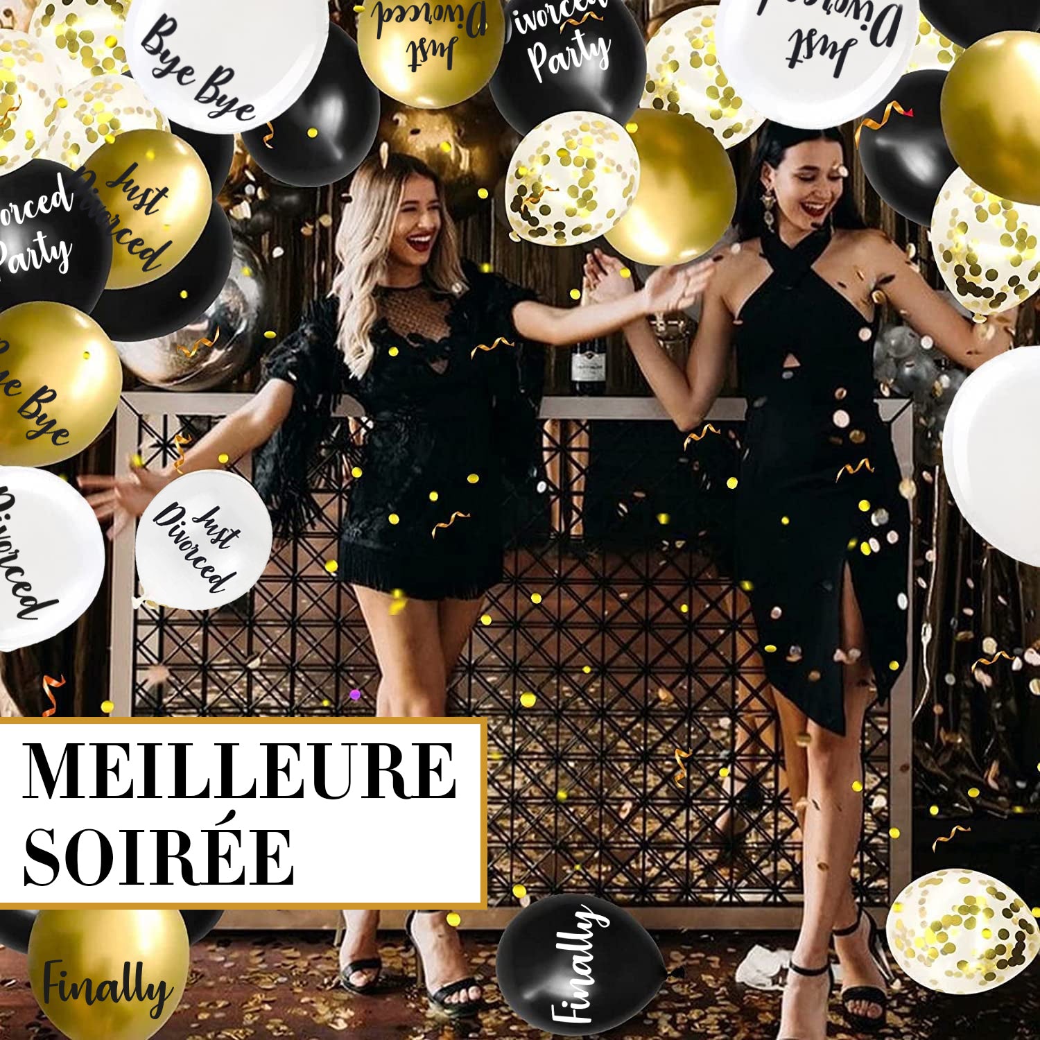 8 Ballons imprimés spécial Divorce - Ballons dorés, noirs, blancs Divorced Party