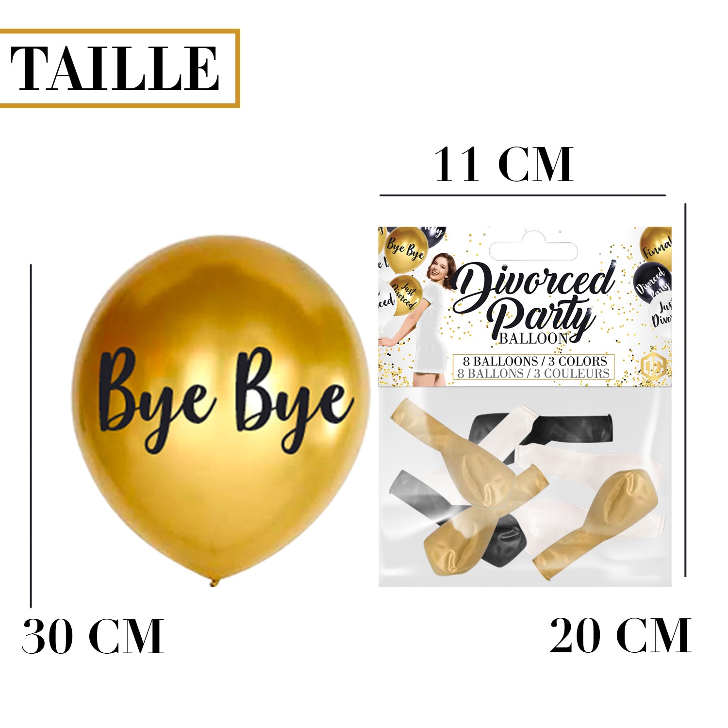 8 Ballons imprimés spécial Divorce - Ballons dorés, noirs, blancs Divorced Party